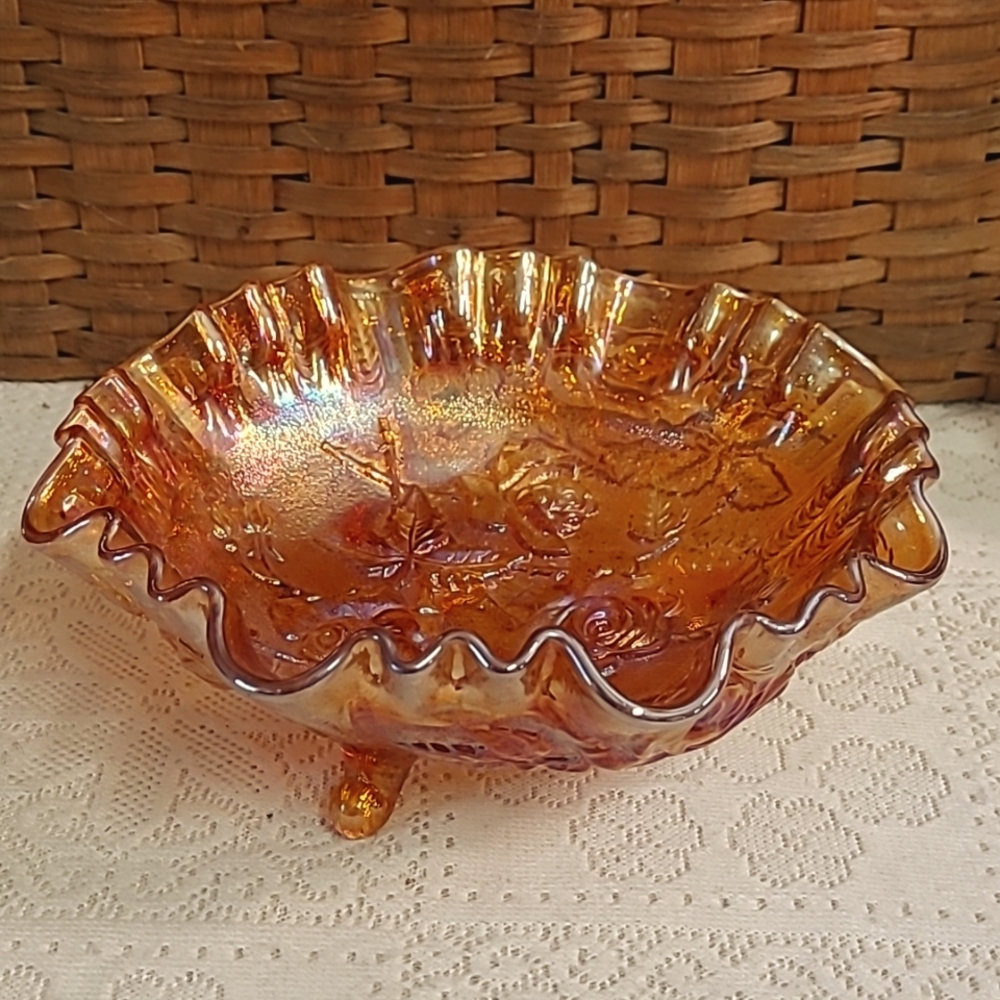 Carnival Glass Footed Bowl Vintage Roses & Ruffles